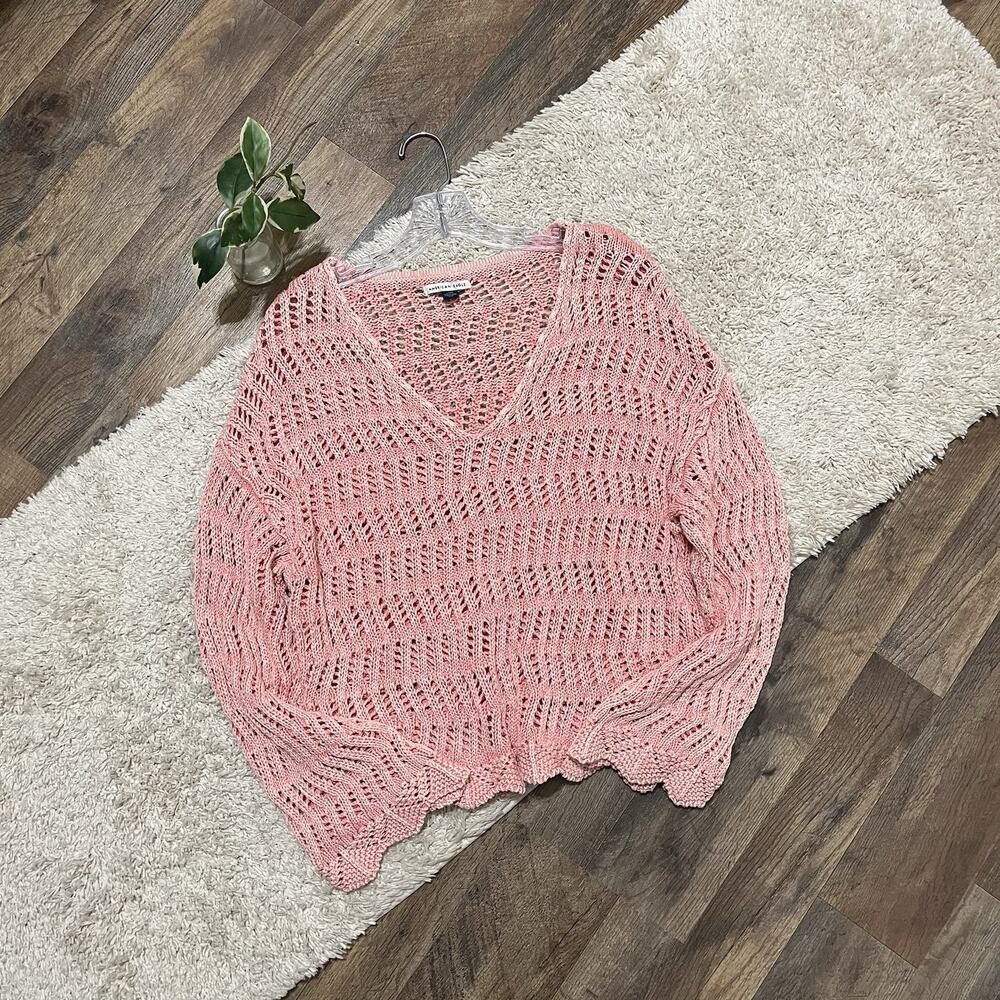 American Eagle Size Large Washed Pink Crochet Open Knit Bell Sleeve Sweater